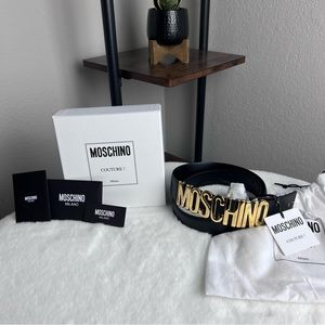 NWT Moschino Couture Black Belt Gold Logo Letter Buckle Size 42 Made in Italy